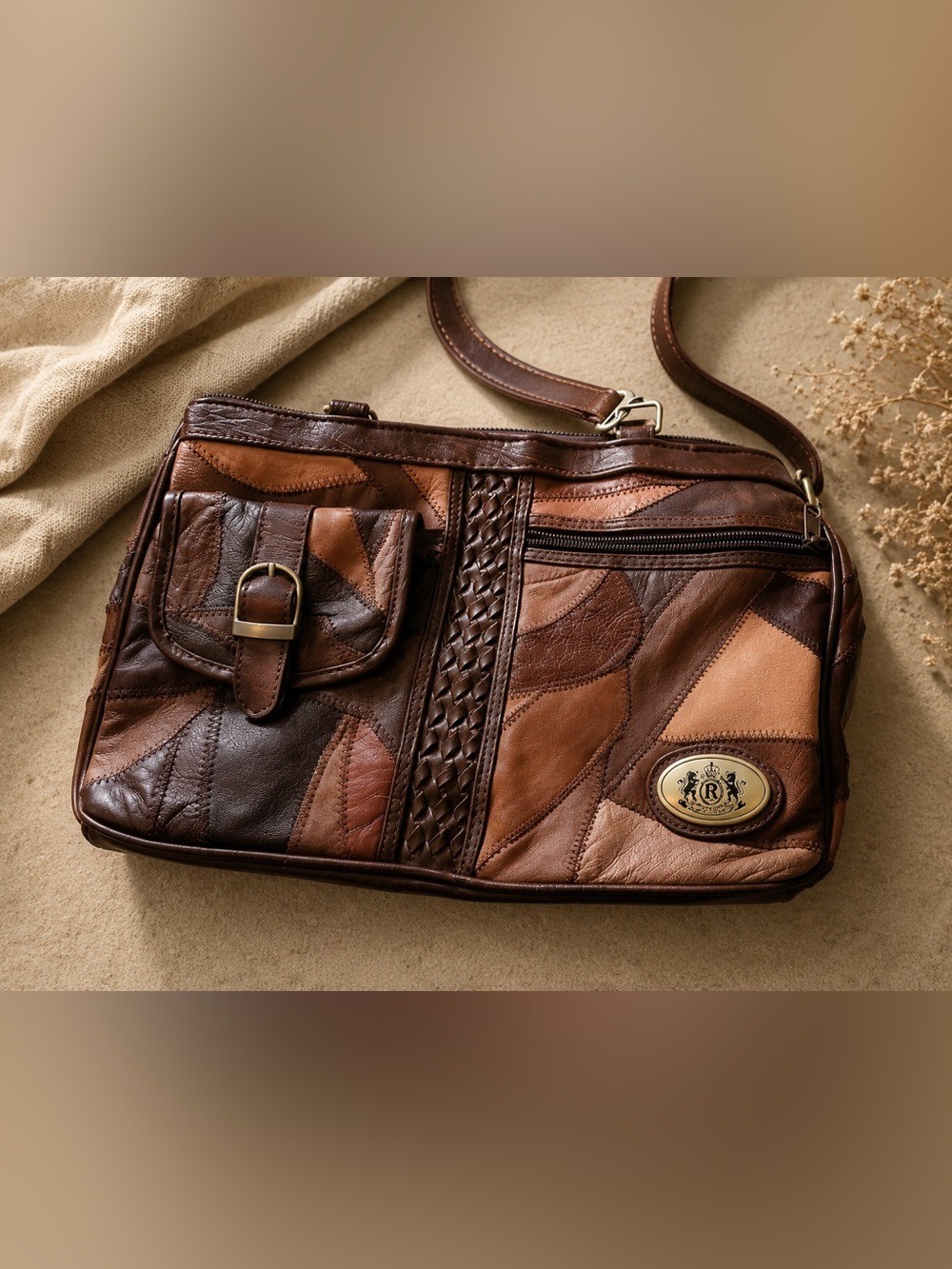 True Vintage Patchwork Leather Crossbody Boho Bag Crown Brown Cognac Multi Tone